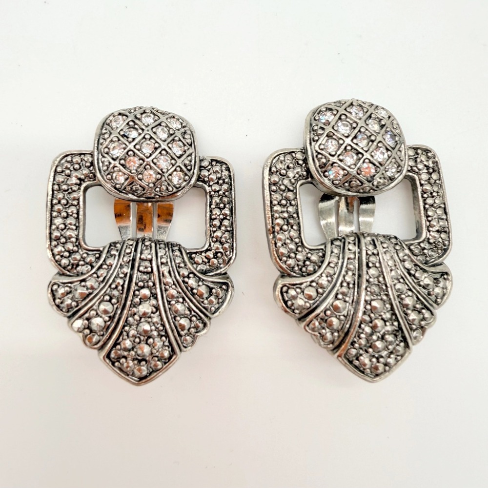 Vintage Silver‎ Tone Rhinestone Clip Earrings Art Deco Revival Statement